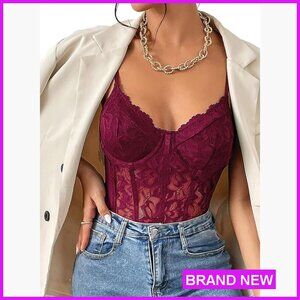 Lace Bustier Bodysuit Sheer Mesh Slim Fit Corset Top Sleeveless Chic
